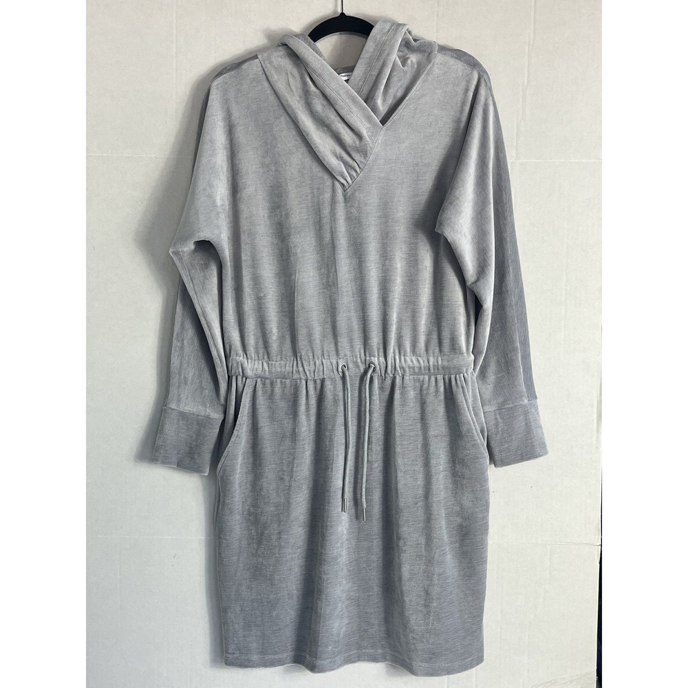 Calvin Klein Hooded Gray Velvet Velour Long Sleeve Waist Dress Sz M